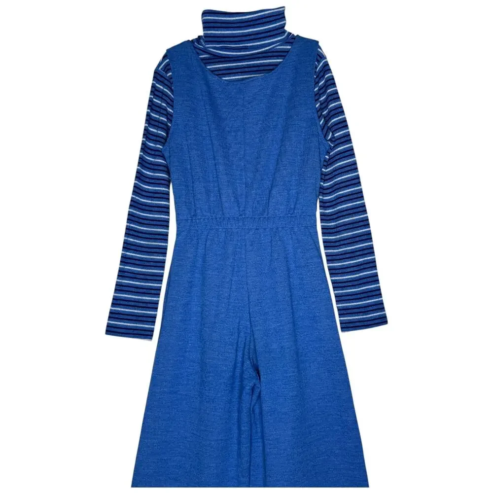 1970s Pic-Nics by Her Majesty Blue Knit Jumpsuit Turtleneck Set USA XS